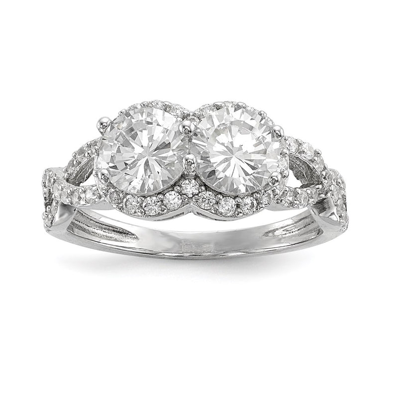 Sterling Silver Rhodium Plated Cz Two Stone Halo Ring (Size 8 Only)