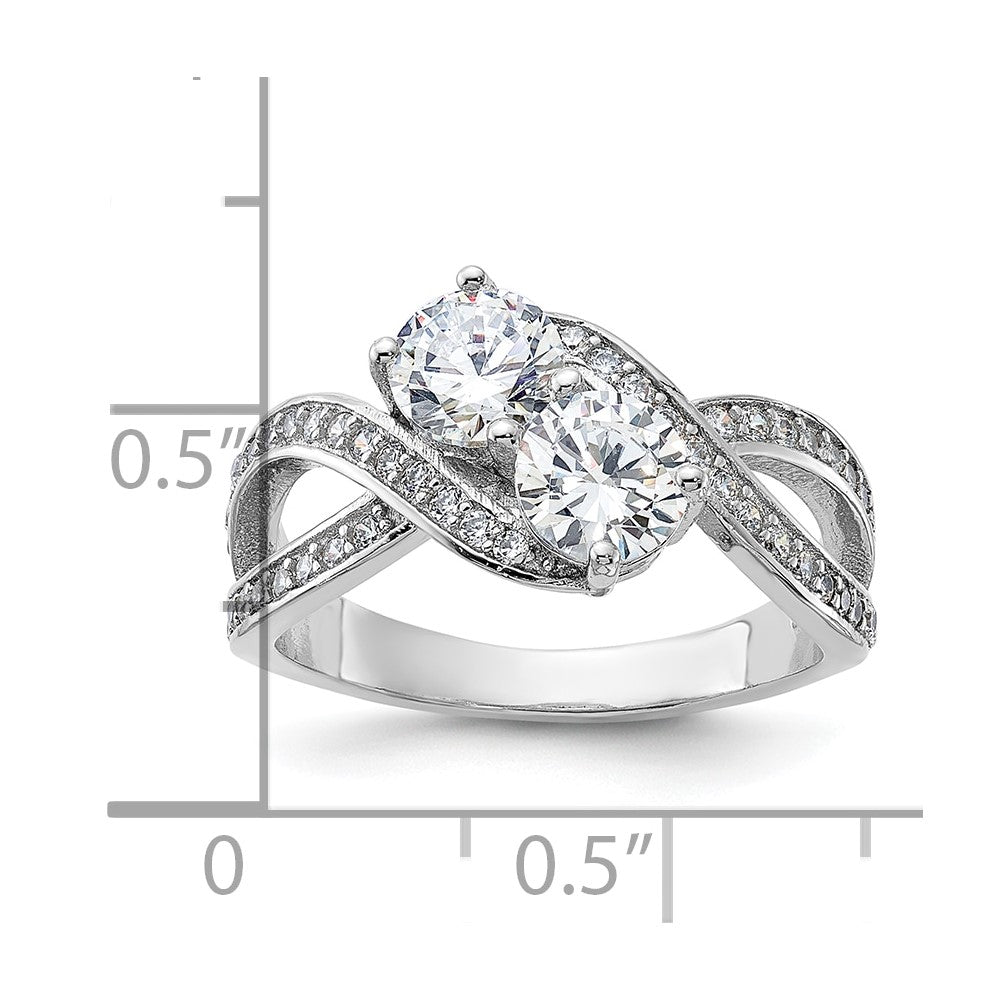 Sterling Silver Rhodium Plated Cz Two Stone Polished Ring
