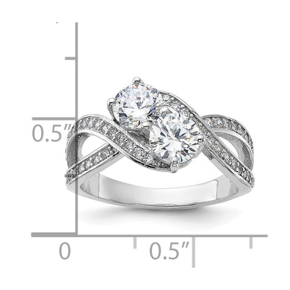 Sterling Silver Rhodium Plated Cz Two Stone Polished Ring