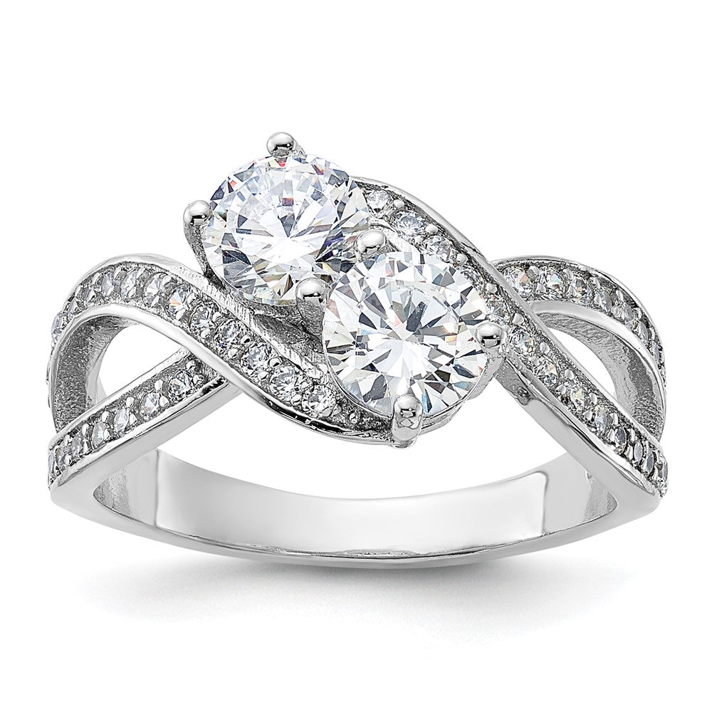Sterling Silver Rhodium Plated Cz Two Stone Polished Ring