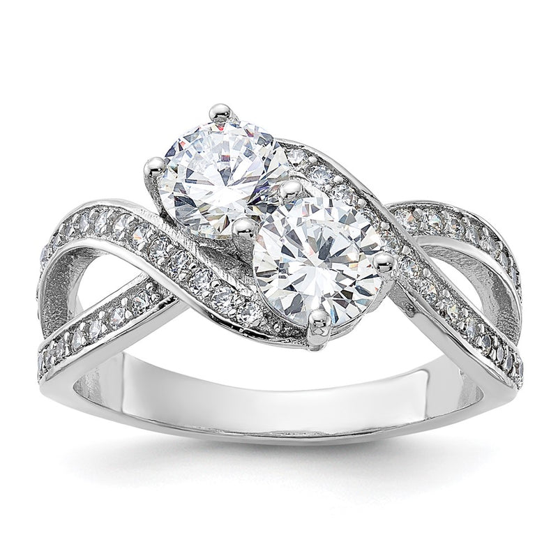 Sterling Silver Rhodium Plated Cz Two Stone Polished Ring