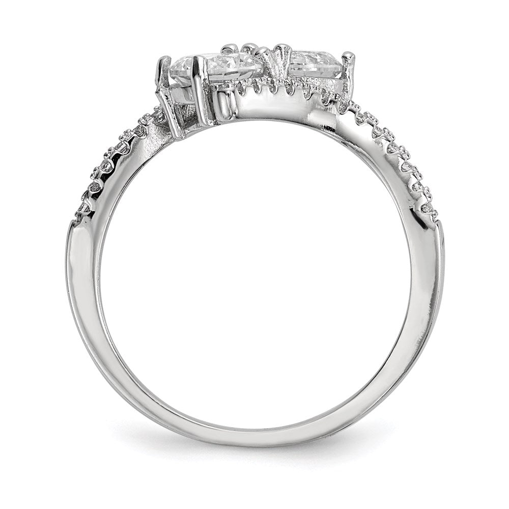 Sterling Silver Rhodium Plated Cz Two Stone Polished Bypass Ring