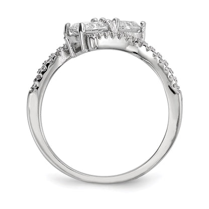 Sterling Silver Rhodium Plated Cz Two Stone Polished Bypass Ring