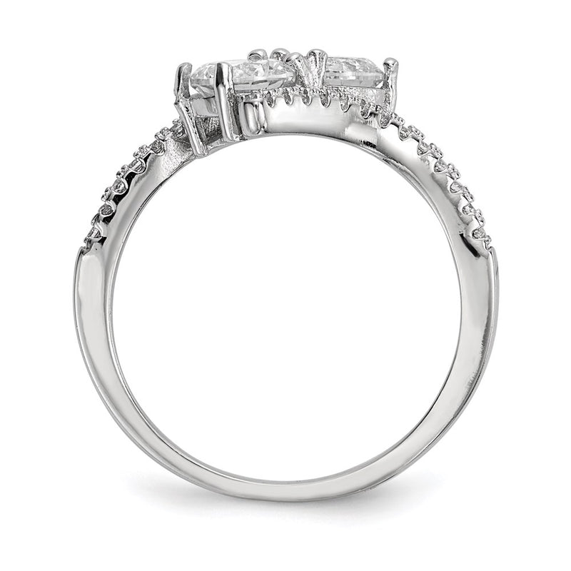Sterling Silver Rhodium Plated Cz Two Stone Polished Bypass Ring