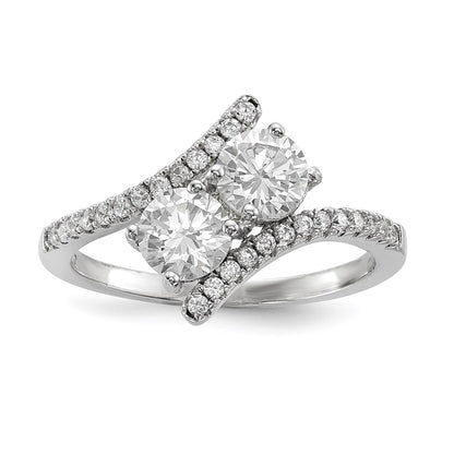 Sterling Silver Rhodium Plated Cz Two Stone Polished Bypass Ring