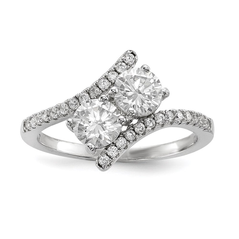 Sterling Silver Rhodium Plated Cz Two Stone Polished Bypass Ring