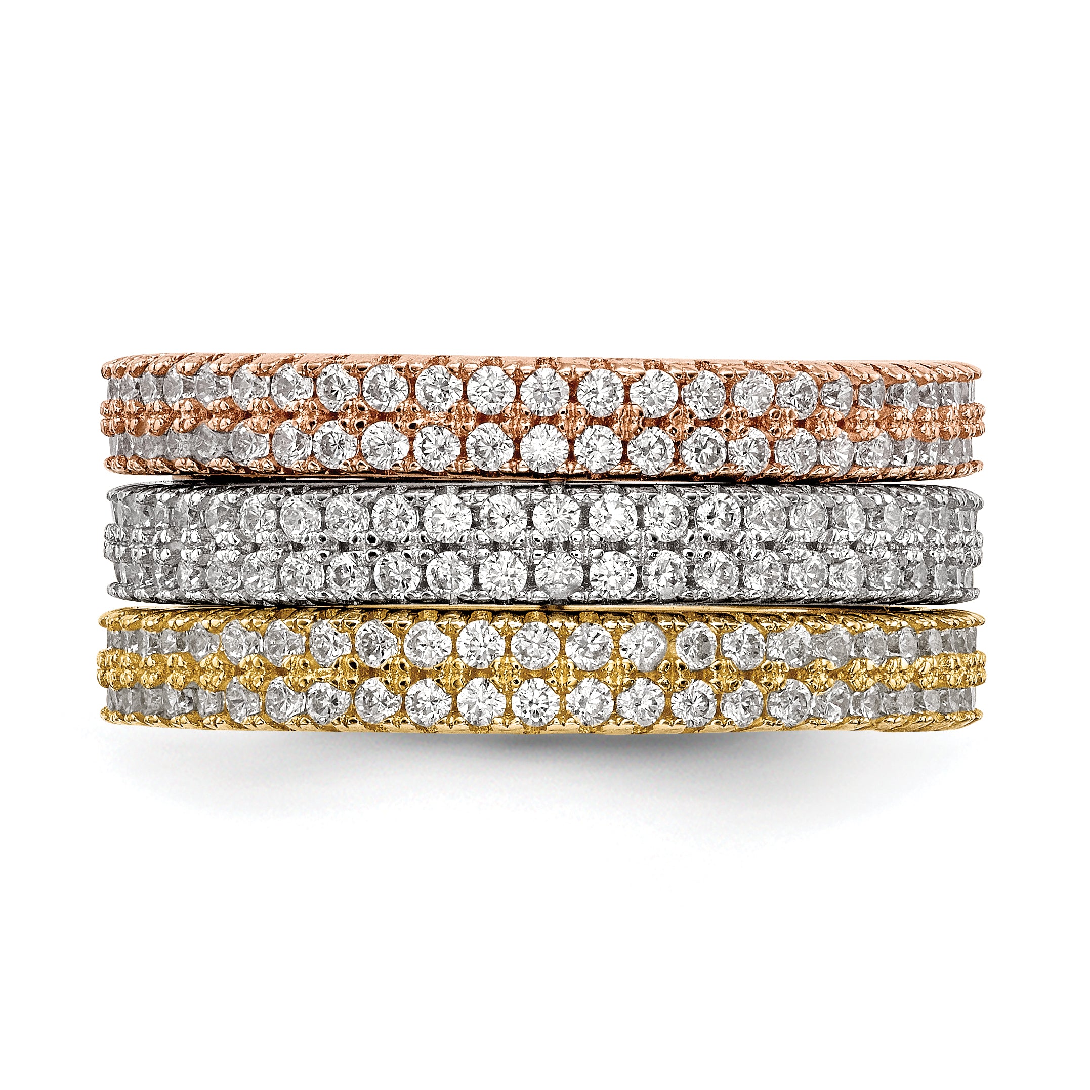 Sterling Silver White Yellow & Rose Tone Set Of 3 Cz Eternity Rings