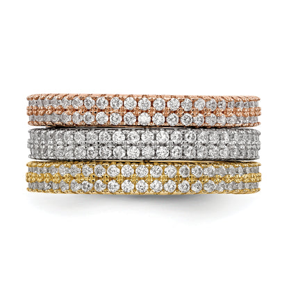 Sterling Silver White Yellow & Rose Tone Set Of 3 Cz Eternity Rings