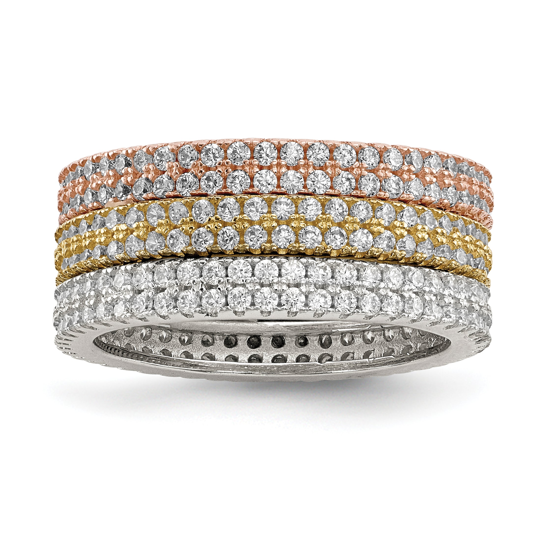 Sterling Silver White Yellow & Rose Tone Set Of 3 Cz Eternity Rings