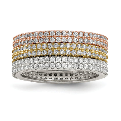 Sterling Silver White Yellow & Rose Tone Set Of 3 Cz Eternity Rings