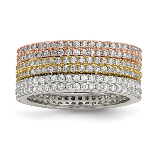 Sterling Silver White Yellow & Rose Tone Set Of 3 Cz Eternity Rings