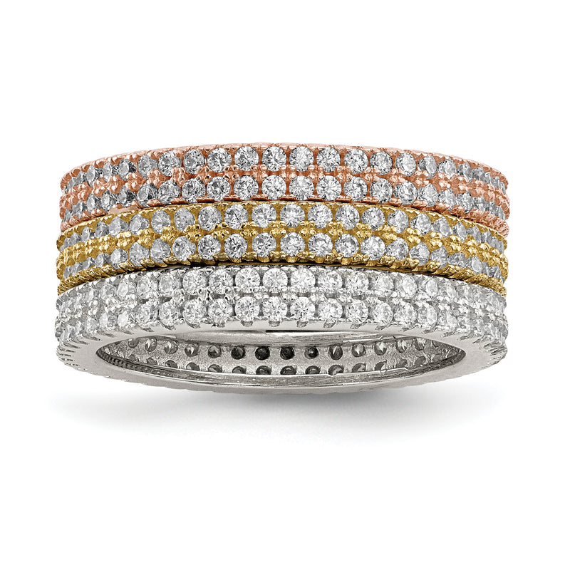 Sterling Silver White Yellow & Rose Tone Set Of 3 Cz Eternity Rings