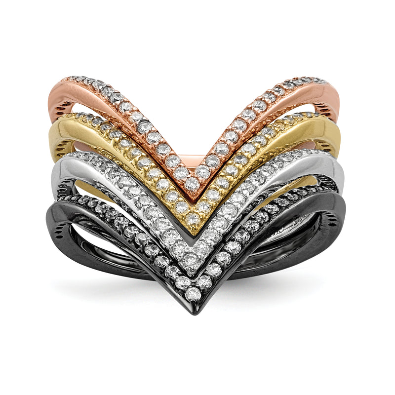 Sterling Silver Rhodium & Black Plate, Gold Rose Tone Cz 4 Ring Set
