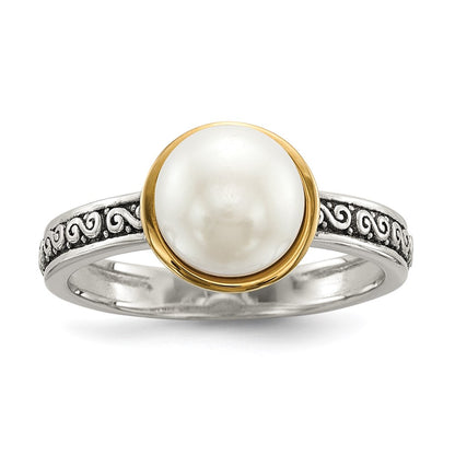 Silver/14K Two Tone Sterling Silver 14K Antiqued 8mm Button Fwc Pearl Set Of 3 Rings