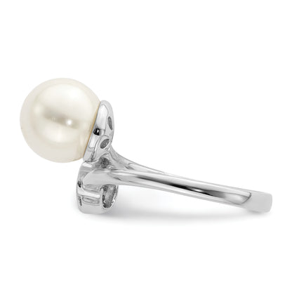 Sterling Silver Rhodium Plated Polished With Cz And Acrylic Pearl Ring