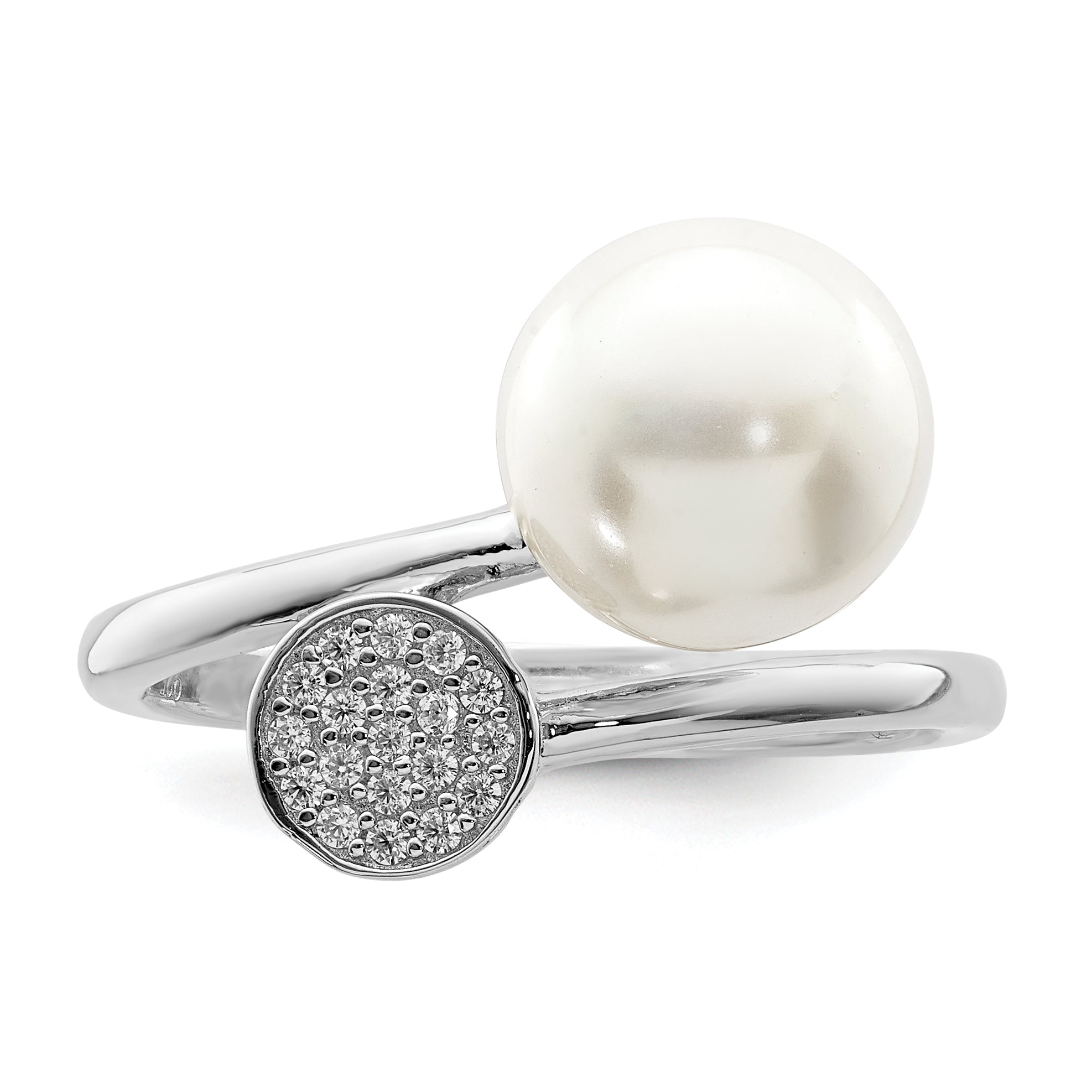 Sterling Silver Rhodium Plated Polished With Cz And Acrylic Pearl Ring