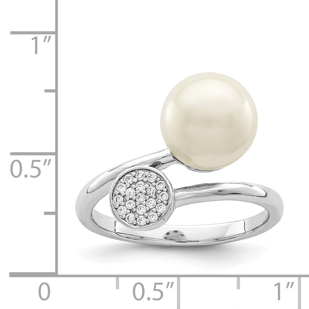 Sterling Silver Rhodium Plated Polished With Cz And Acrylic Pearl Ring