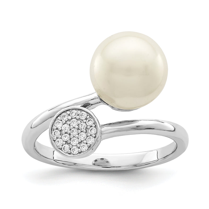 Sterling Silver Rhodium Plated Polished With Cz And Acrylic Pearl Ring