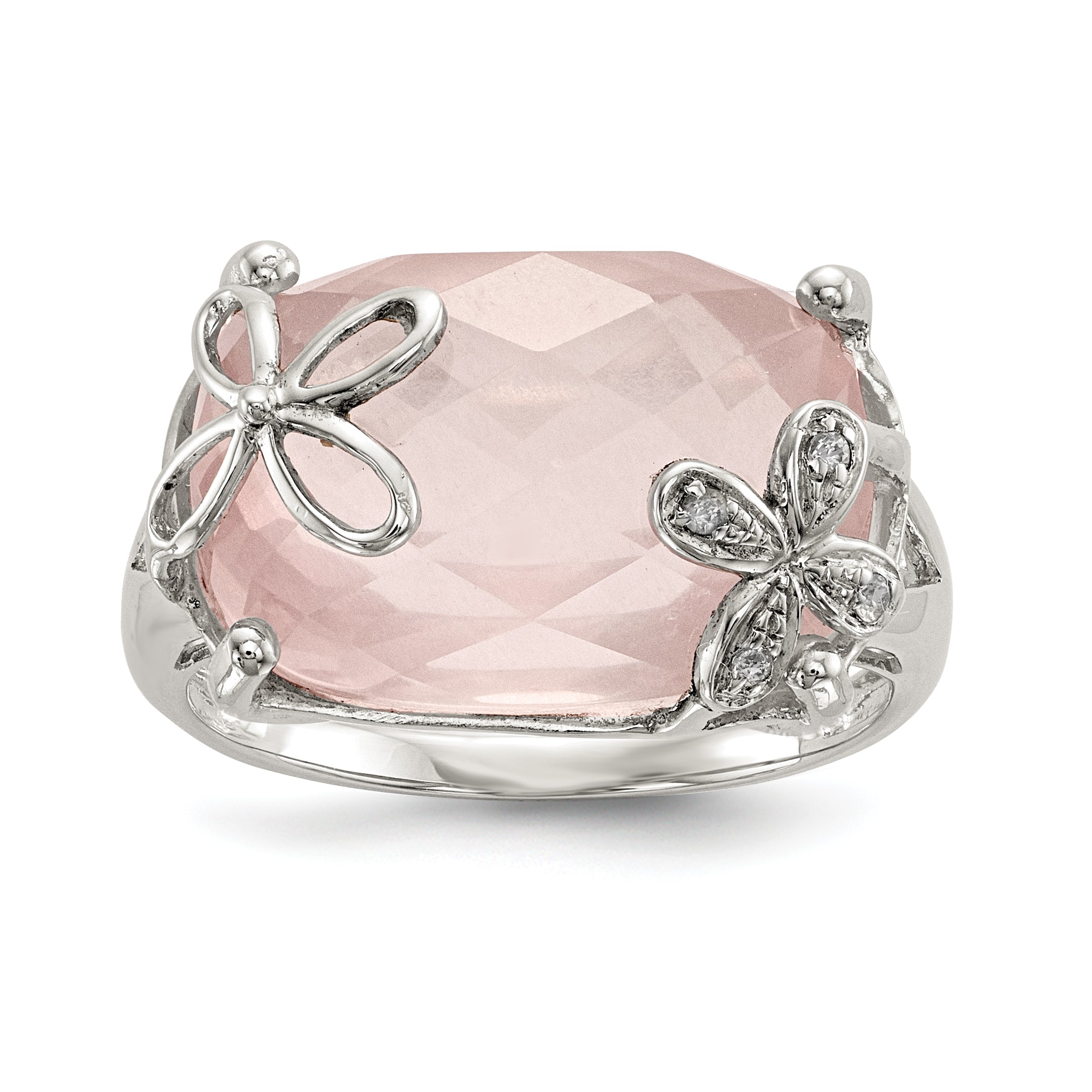 Sterling Silver Rhodium Plated Rose Quartz/White Sapphire Ring