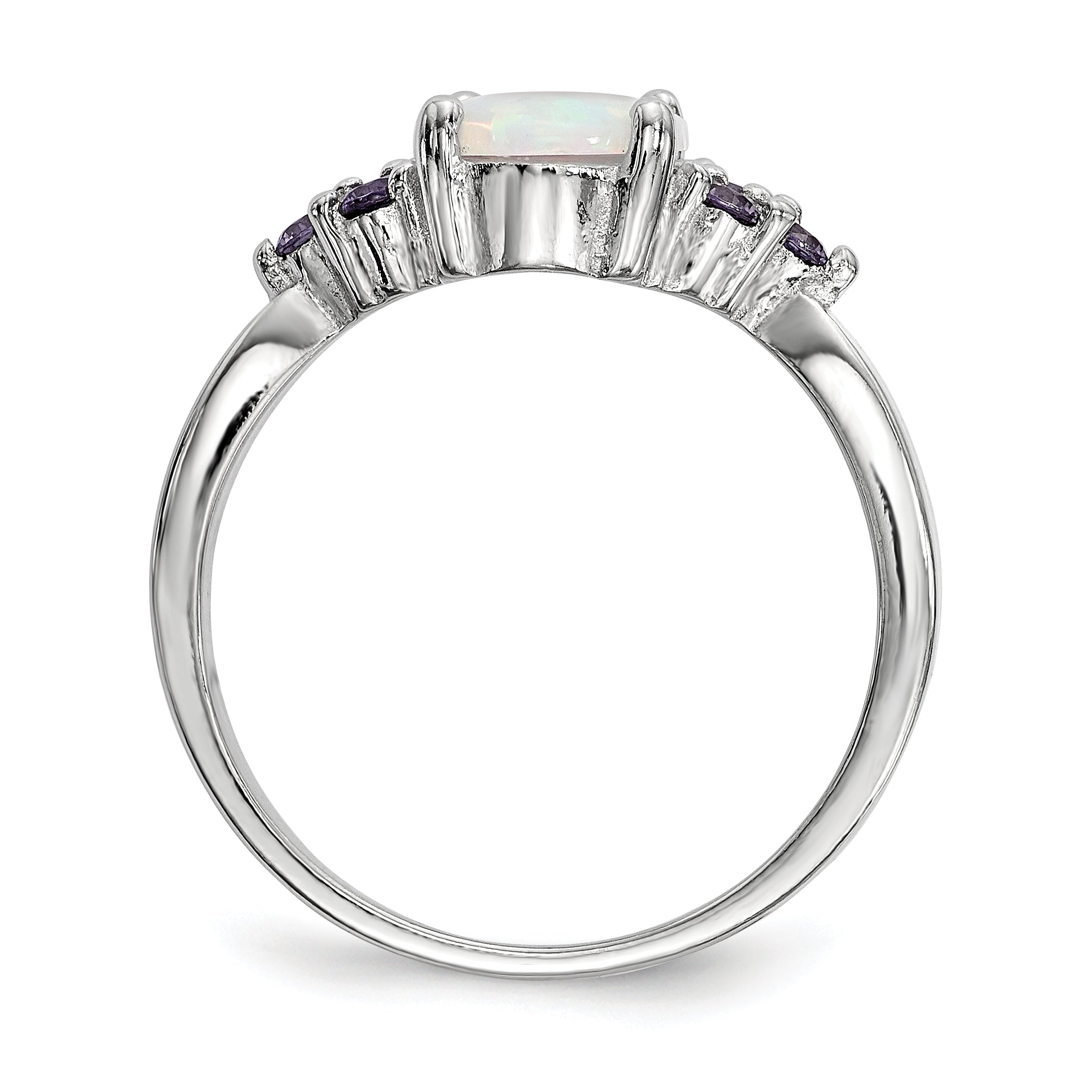 Sterling Silver Rhodium Plated Oval Created Opal Purple Cz Ring