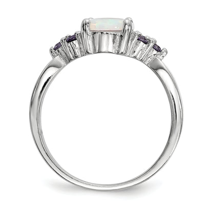 Sterling Silver Rhodium Plated Oval Created Opal Purple Cz Ring