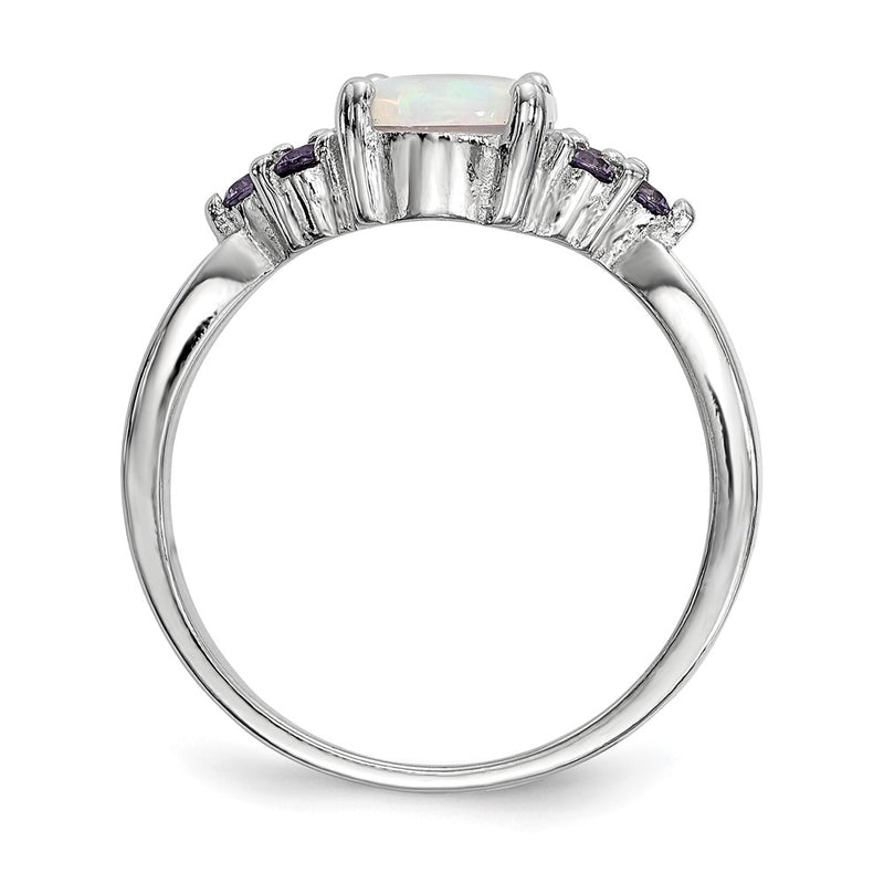 Sterling Silver Rhodium Plated Oval Created Opal Purple Cz Ring