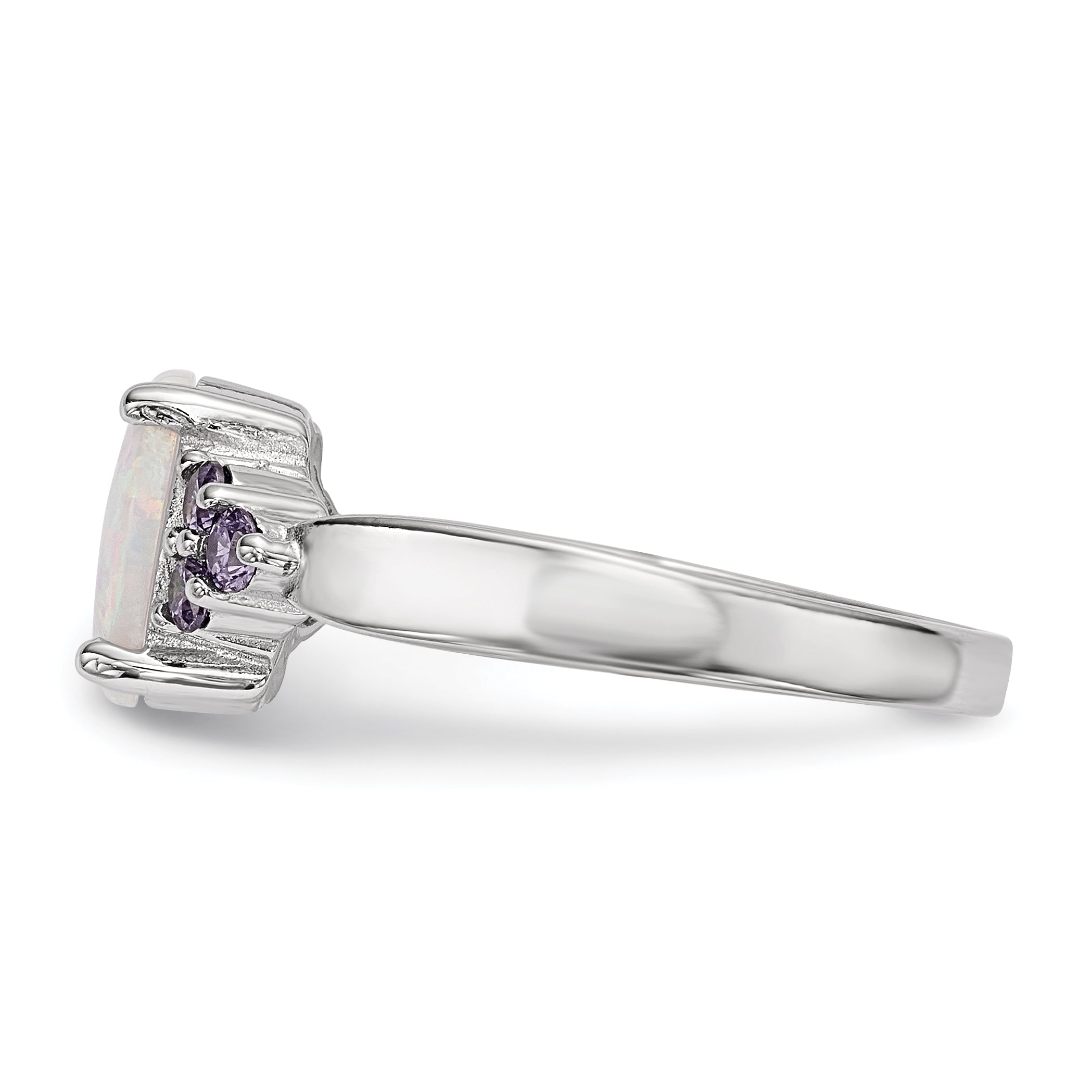 Sterling Silver Rhodium Plated Oval Created Opal Purple Cz Ring