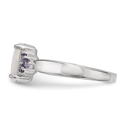 Sterling Silver Rhodium Plated Oval Created Opal Purple Cz Ring