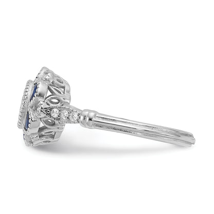 Sterling Silver Rhodium Plated Cz And Lab Cr. Blue Sapphire Flower Ring