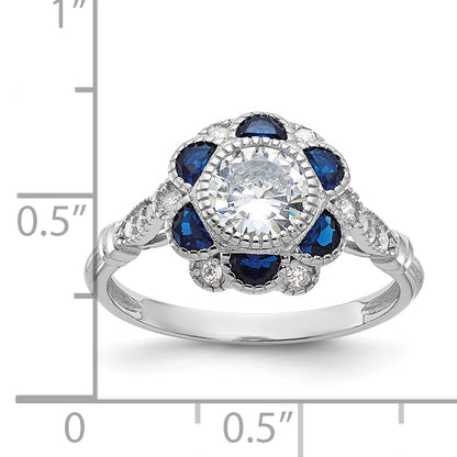 Sterling Silver Rhodium Plated Cz And Lab Cr. Blue Sapphire Flower Ring