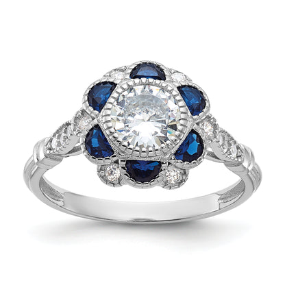 Sterling Silver Rhodium Plated Cz And Lab Cr. Blue Sapphire Flower Ring