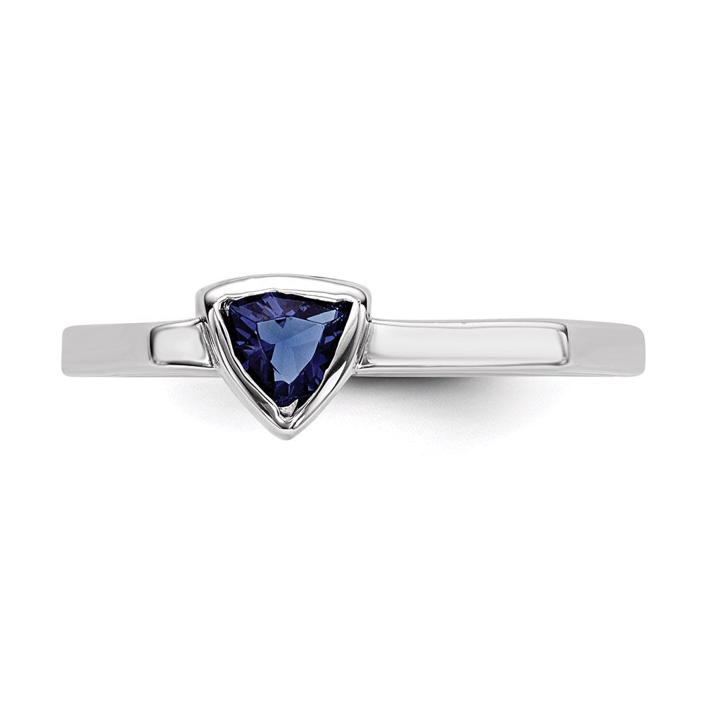 Sterling Silver Rhodium Plated Blue Glass Stone Triangle Ring (Size 6 Only)