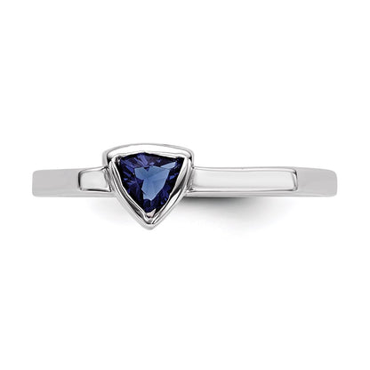 Sterling Silver Rhodium Plated Blue Glass Stone Triangle Ring (Size 6 Only)
