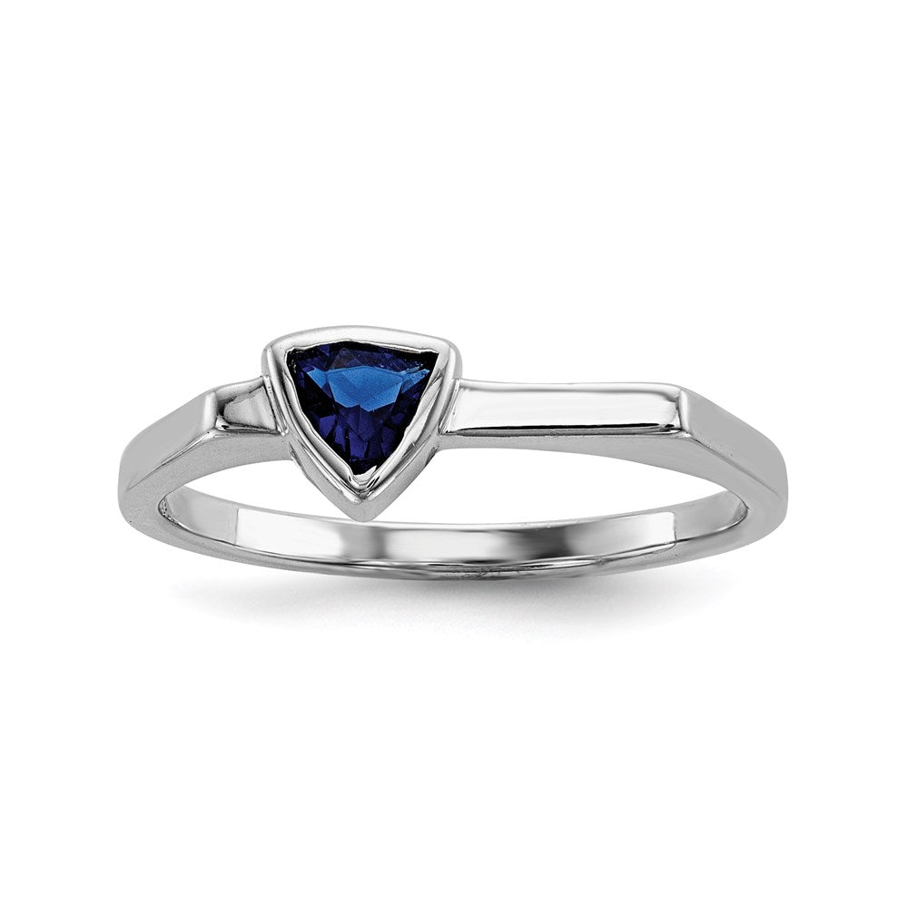 Sterling Silver Rhodium Plated Blue Glass Stone Triangle Ring (Size 6 Only)