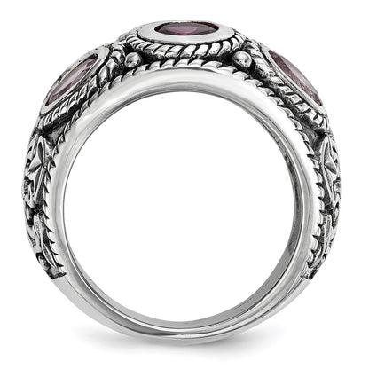Silver/14K Two Tone Sterling Silver Rhod. 14K Pink Qrtz Rhodolite Ga & Tourmaline Ring