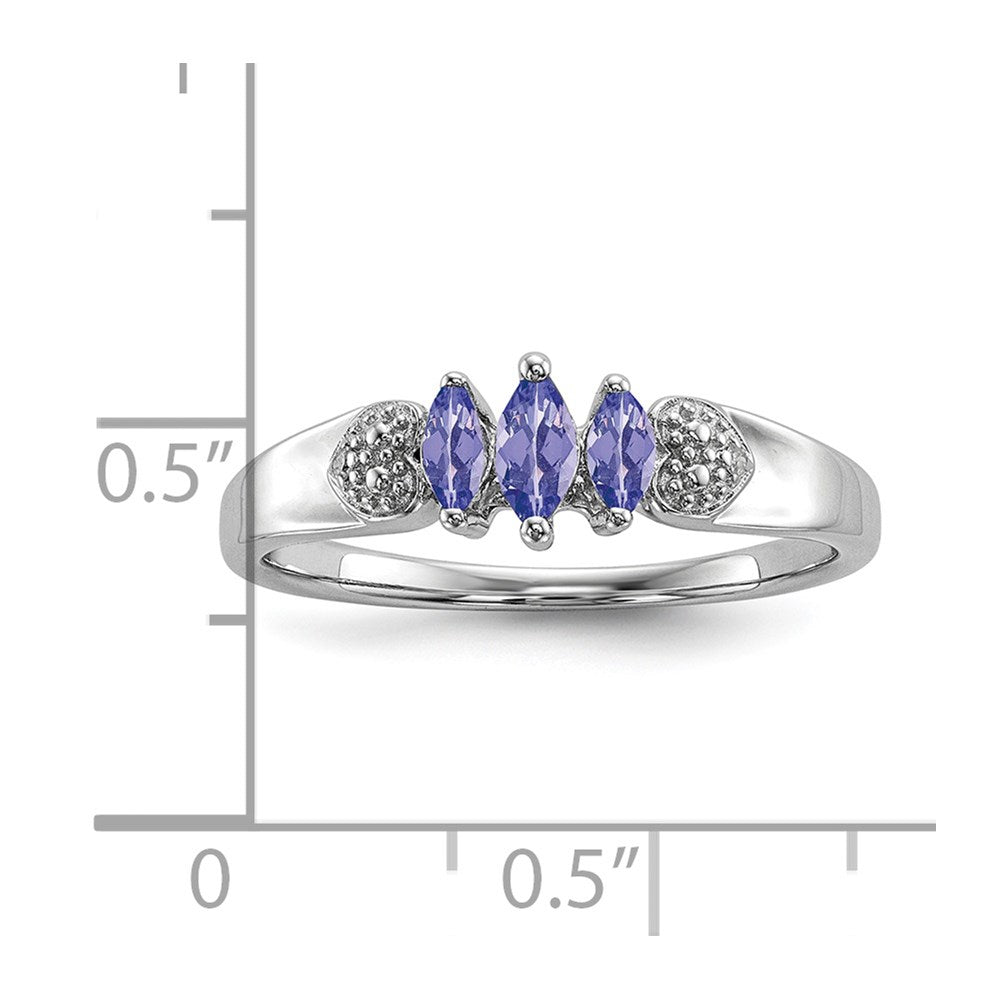 Sterling Silver Rhodium 3 Stone Tanzanite And Diamond Ring (Size 8 Only)