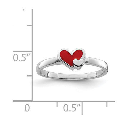 Sterling Silver Rh Plated Red Enameled Double Heart Children'S Ring