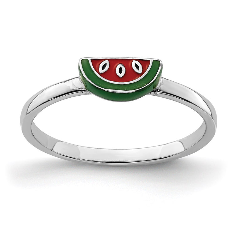 Sterling Silver Rhodium Plated Childs Enameled Watermelon Ring (Size 3 Only)