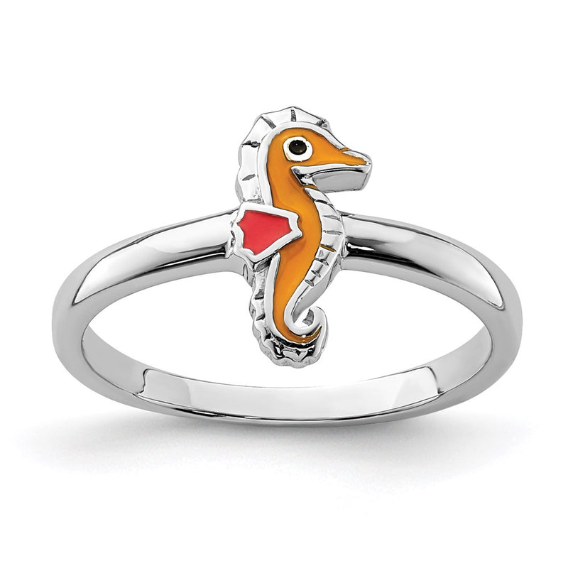Sterling Silver Rhodium Plated Childs Enameled Seahorse Ring (Size 3 Only)