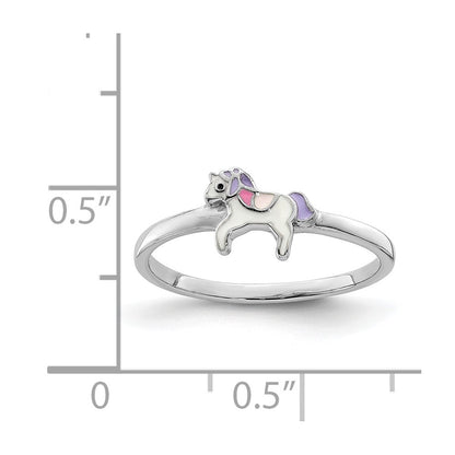 Sterling Silver Rh Plated Multi Color Enameled Unicorn Children'S Ring