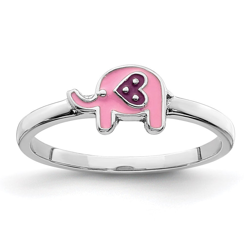 Sterling Silver Rhodium Plated Childs Enameled Pink Elephant Ring (Size 3 Only)