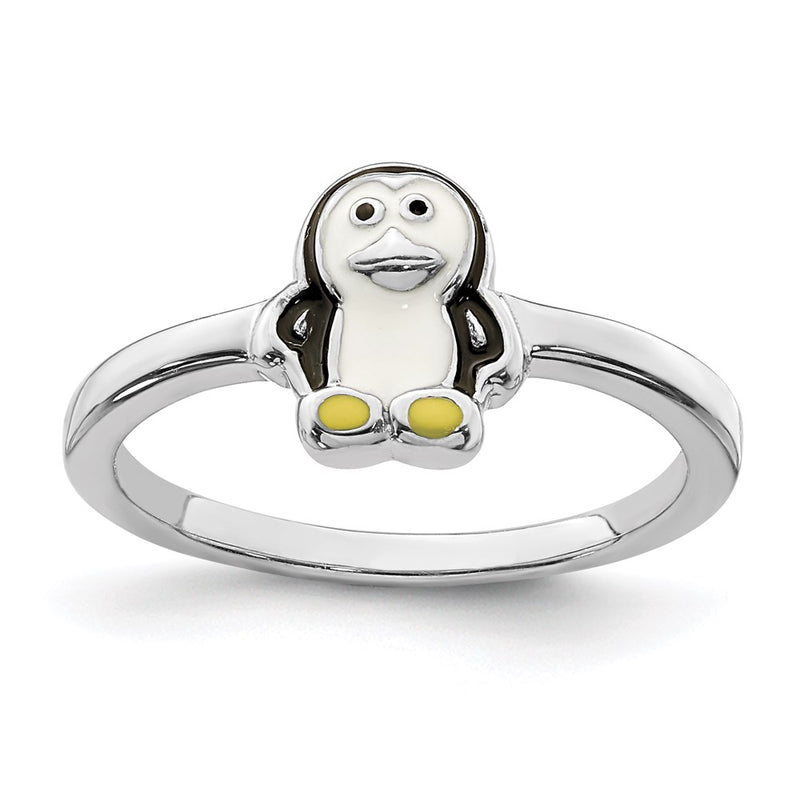 Sterling Silver Rhodium Plated Childs Enameled Penguin Ring (Size 3 Only)