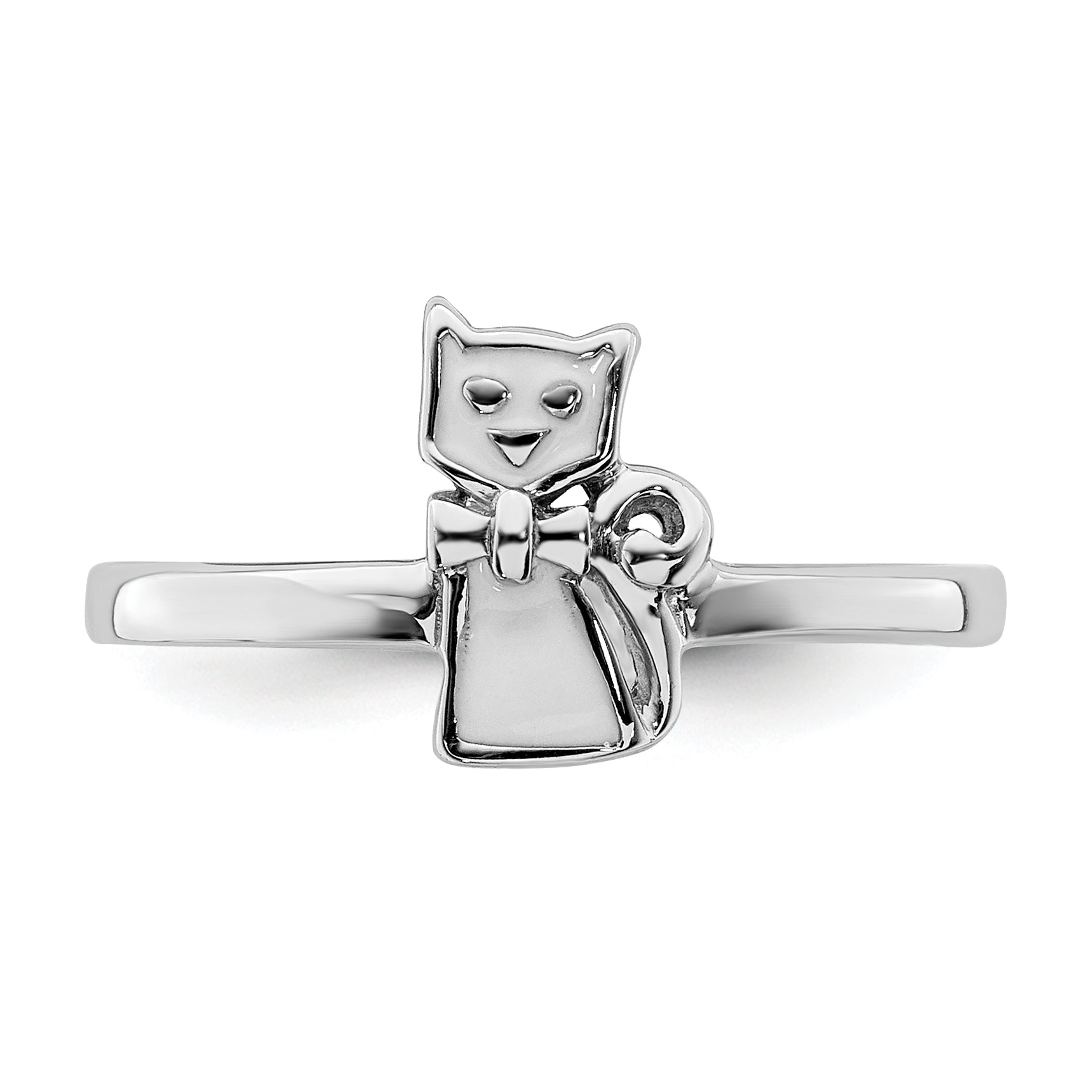 Sterling Silver Rhodium Plated Childs Enameled White Cat Ring (Size 4 Only)