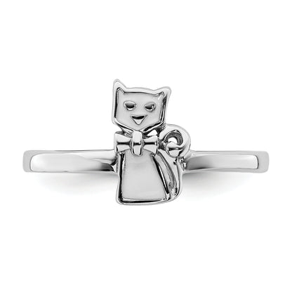 Sterling Silver Rhodium Plated Childs Enameled White Cat Ring (Size 4 Only)
