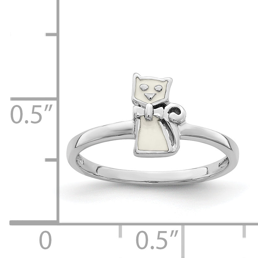 Sterling Silver Rhodium Plated Childs Enameled White Cat Ring (Size 4 Only)
