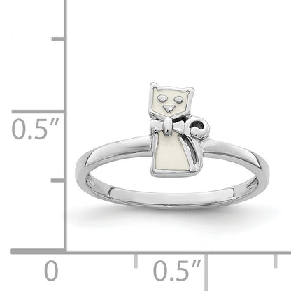 Sterling Silver Rhodium Plated Childs Enameled White Cat Ring (Size 4 Only)