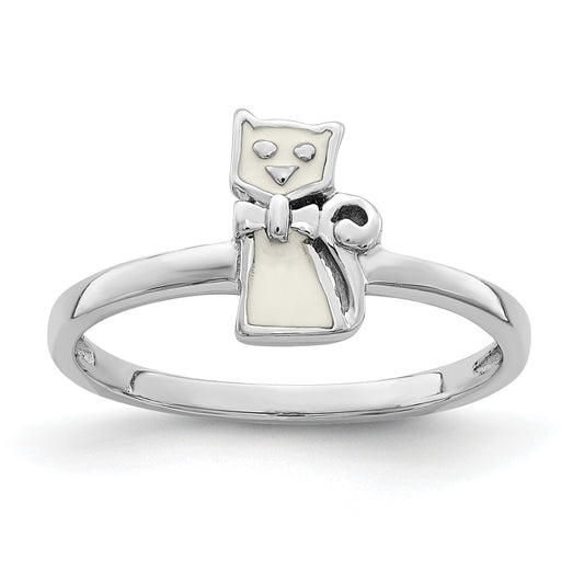 Sterling Silver Rhodium Plated Childs Enameled White Cat Ring (Size 4 Only)