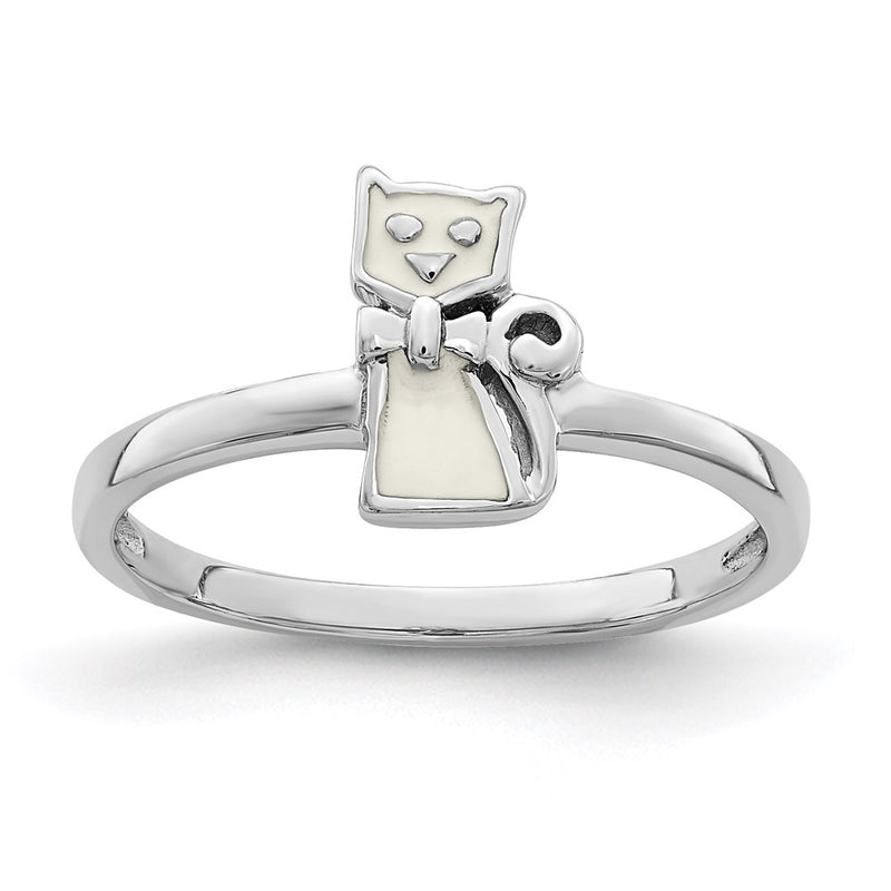 Sterling Silver Rhodium Plated Childs Enameled White Cat Ring (Size 4 Only)