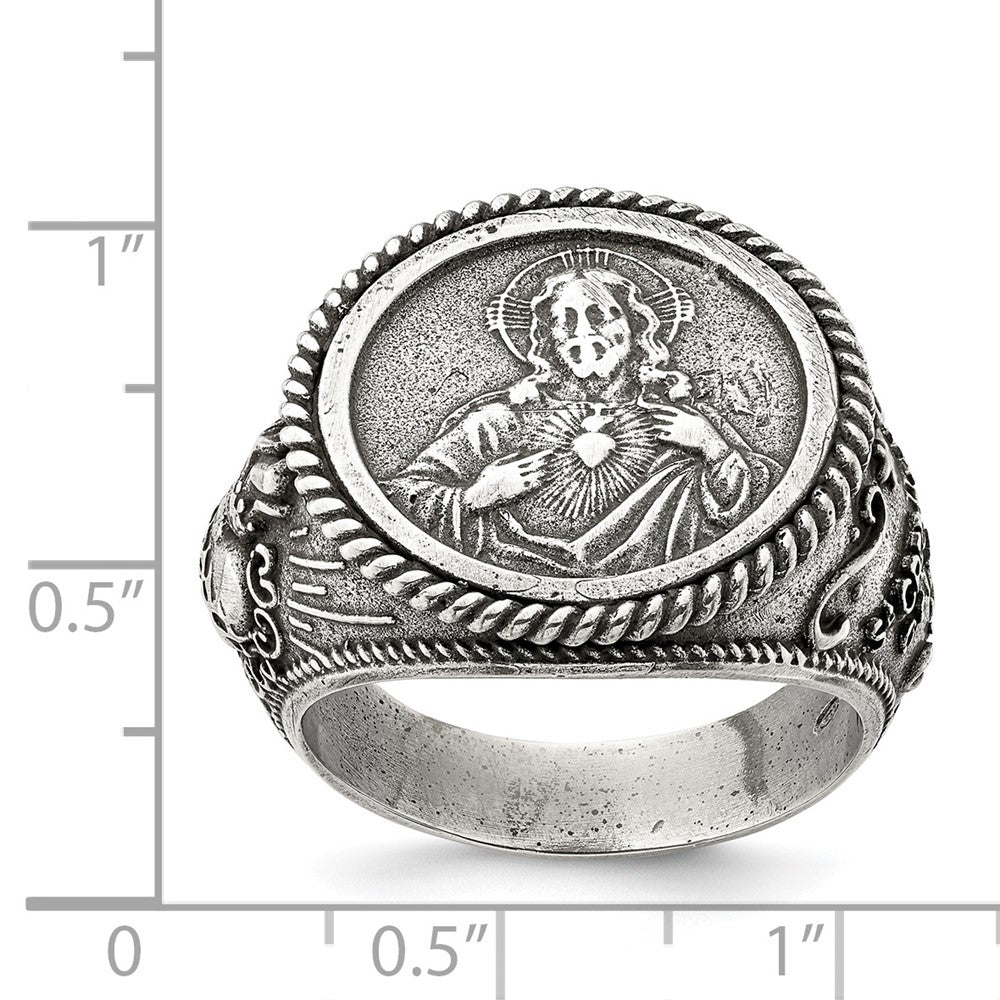 Sterling Silver Antiqued Sacred Heart Of Jesus Ring (Size 9 Only)