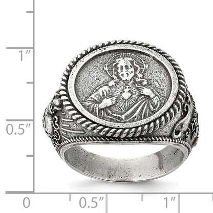 Sterling Silver Antiqued Sacred Heart Of Jesus Ring (Size 9 Only)